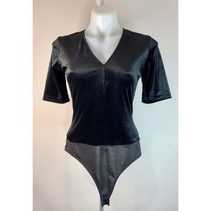 Women’s Design Lab Lord & Taylor Women Black Velvet Bodysuit Short Sleeve XSmall